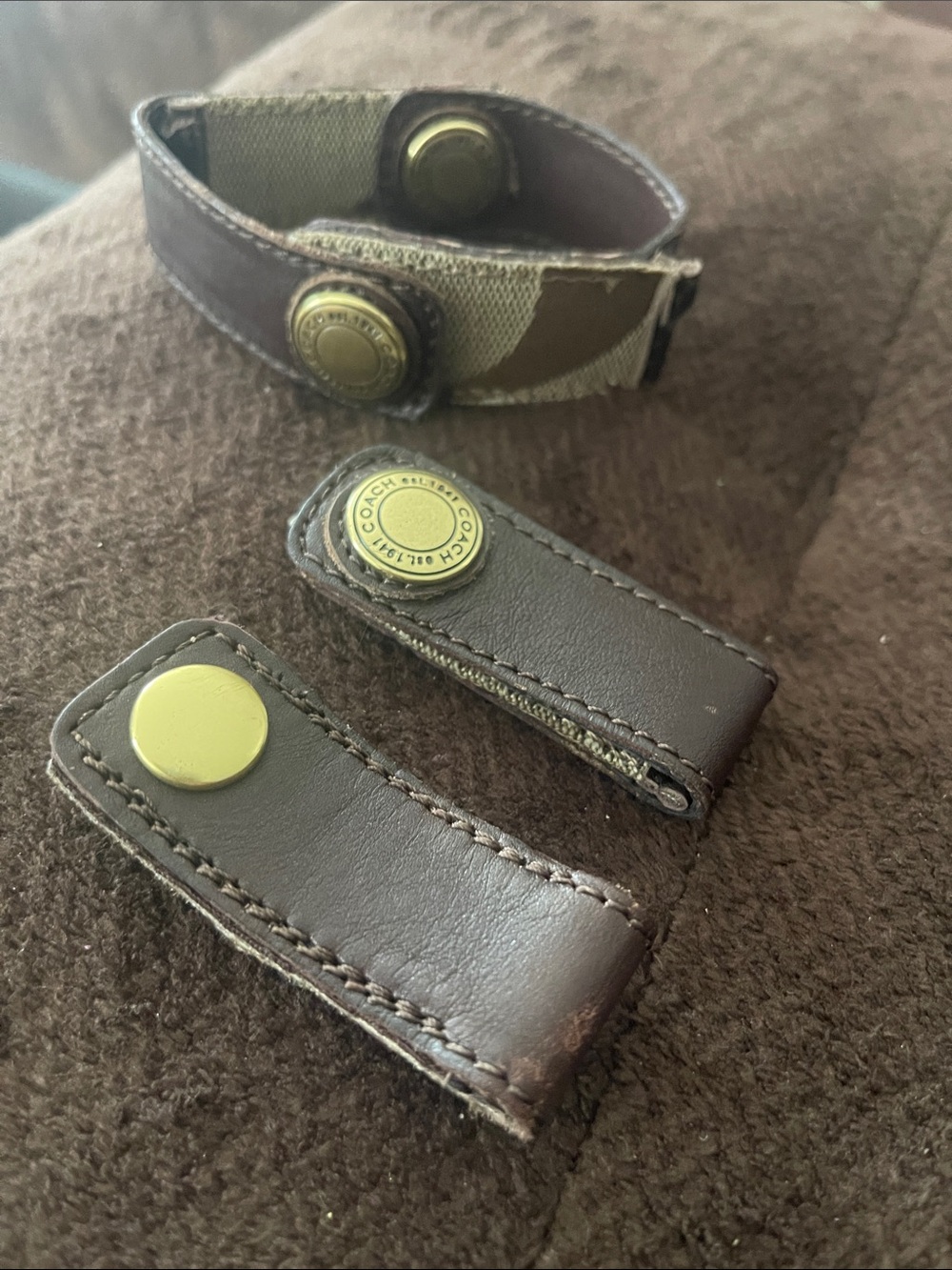 Coach Dark Brown Leather Snap Strap Set Brass Buttons repurposed from coach boot - Picture 3 of 4